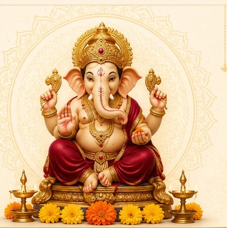 Lord Ganesha seated on a golden throne with diyas and marigolds
